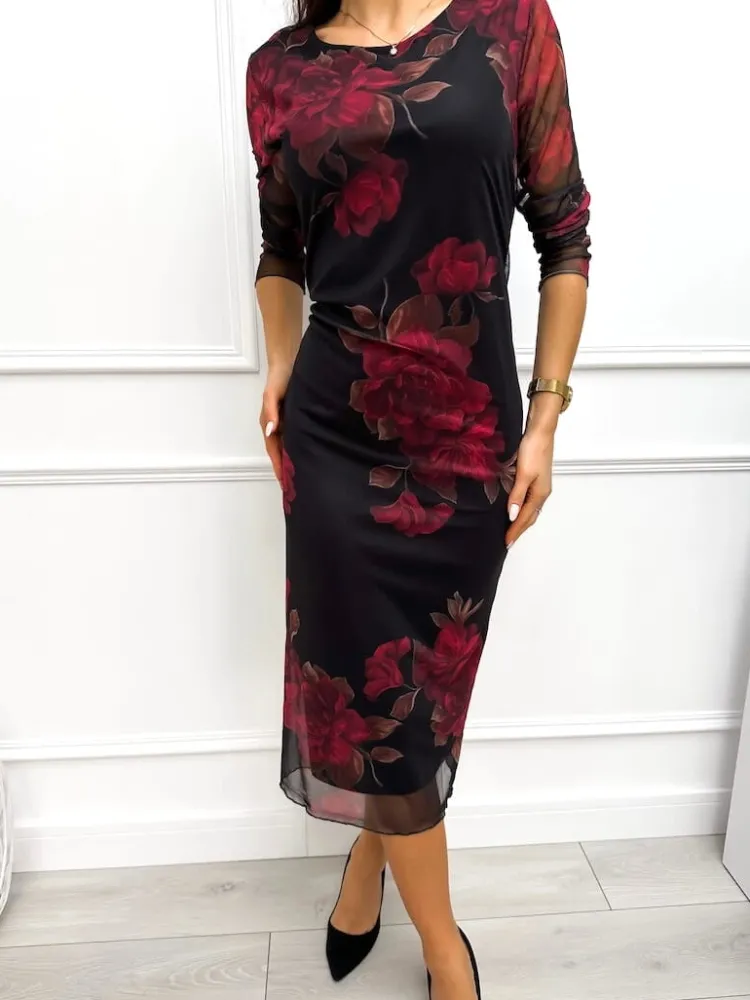 Czarna Sukienka z Motywem Kwiatowym 13320-225-Q|Modna Kiecka Outlet