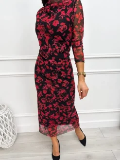 Czarna Sukienka z Motywem Roślinnym 13316-402-Q|Modna Kiecka Discount