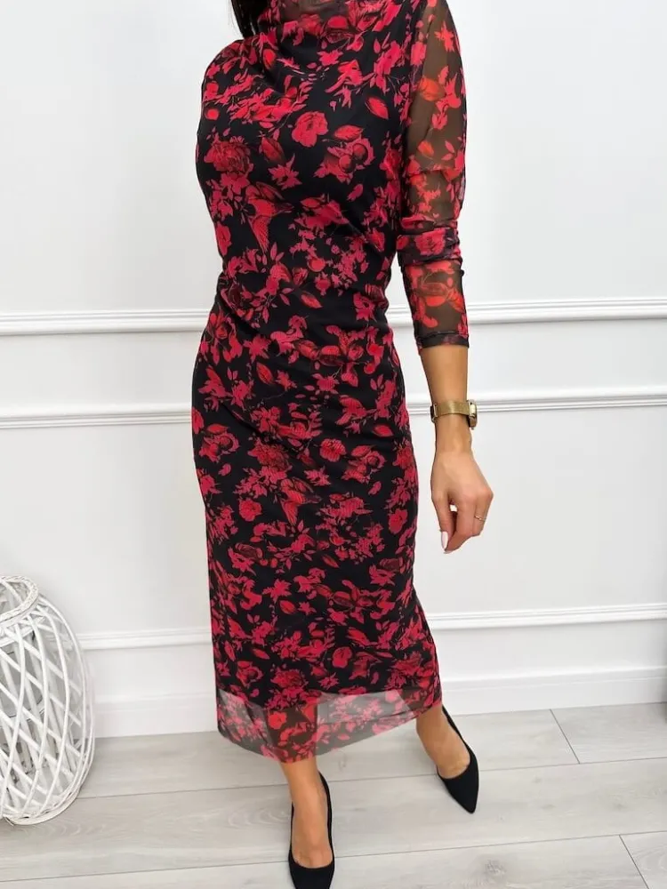 Czarna Sukienka z Motywem Roślinnym 13316-402-Q|Modna Kiecka Discount