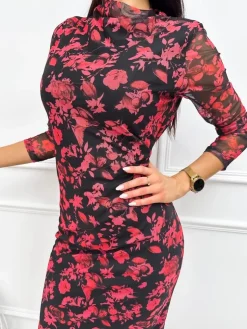 Czarna Sukienka z Motywem Roślinnym 13316-402-Q|Modna Kiecka Discount