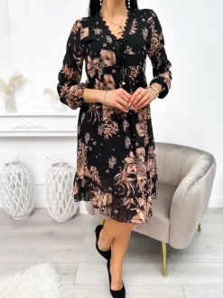 Czarna Sukienka z Motywem Roślinnym 11260-504 11260-504-Q|Modna Kiecka Best