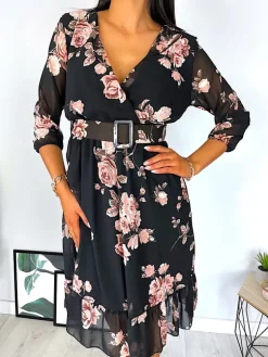 Czarna Sukienka z Motywem Kwiatowym  6840-02-Q|Modna Kiecka Outlet