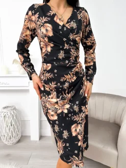 Czarna Sukienka z Motywem Roślinnym 11354-77-Q|Modna Kiecka Clearance