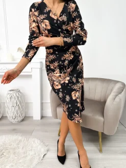 Czarna Sukienka z Motywem Roślinnym 11354-77-Q|Modna Kiecka Clearance