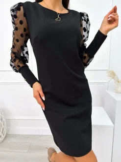 Czarna Sukienka z Ozdobnym Rękawem 11043-30-E|Modna Kiecka Online