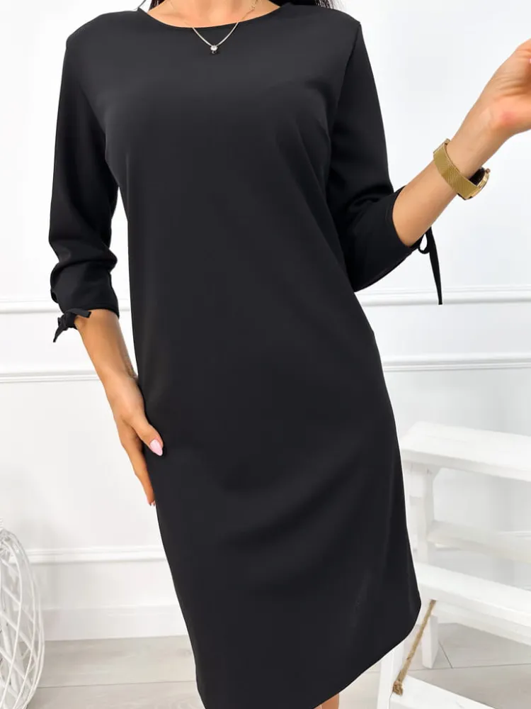 Czarna Sukienka z Ozdobnym Rękawem 12927-21-B|Modna Kiecka Discount