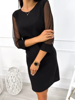Czarna Sukienka z Ozdobnym Rękawem 12809-85-B|Modna Kiecka Hot