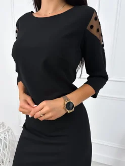 Czarna Sukienka z Ozdobnym Rękawem 12780-24-B|Modna Kiecka New