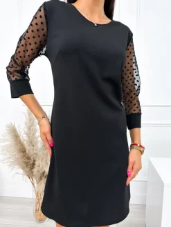 Czarna Sukienka z Ozdobnym Rękawem 10784-509-B|Modna Kiecka Outlet