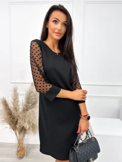 Czarna Sukienka z Ozdobnym Rękawem 10784-509-B|Modna Kiecka Outlet