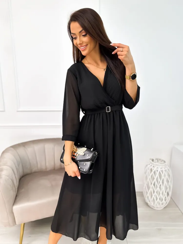 Czarna Sukienka z Paskiem 11143-406-A|Modna Kiecka Clearance