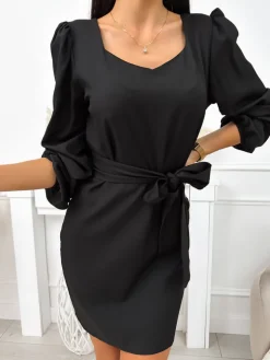 Czarna Sukienka z Paskiem 11642-348-B|Modna Kiecka Sale