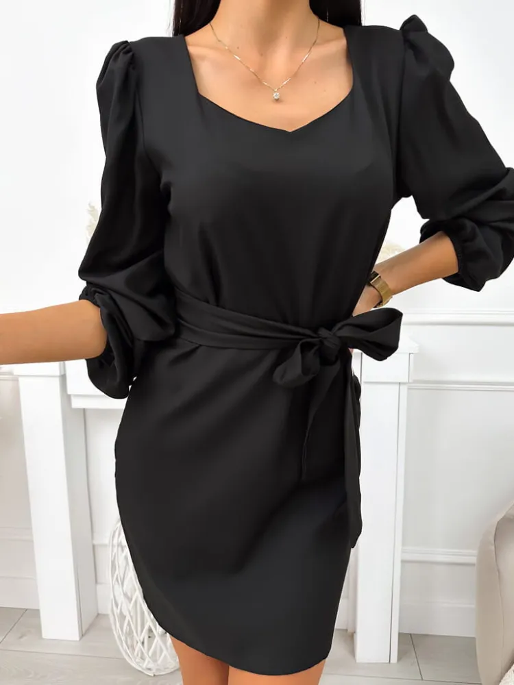 Czarna Sukienka z Paskiem 11642-348-B|Modna Kiecka Sale