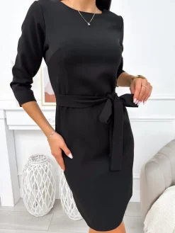Czarna Sukienka z Paskiem 11626-332-B|Modna Kiecka Hot