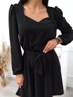 Czarna Sukienka z Paskiem 11376-300-B|Modna Kiecka Clearance