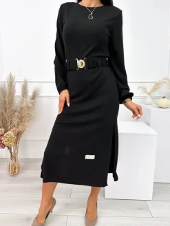 Czarna Sukienka z Paskiem 11038-197-C|Modna Kiecka Discount