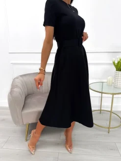 Czarna Sukienka z Paskiem 13662-78-F|Modna Kiecka Hot