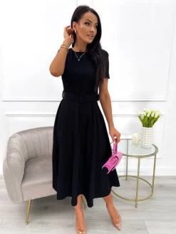 Czarna Sukienka z Paskiem 13662-78-F|Modna Kiecka Hot