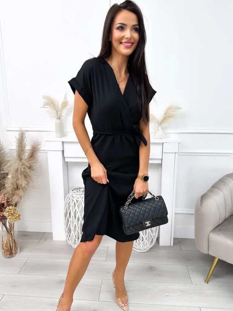 Czarna Sukienka z Paskiem 11929-175-A|Modna Kiecka Discount
