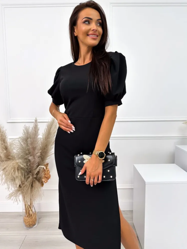 Czarna Sukienka z Rozporkiem 10660-150-Q|Modna Kiecka Fashion