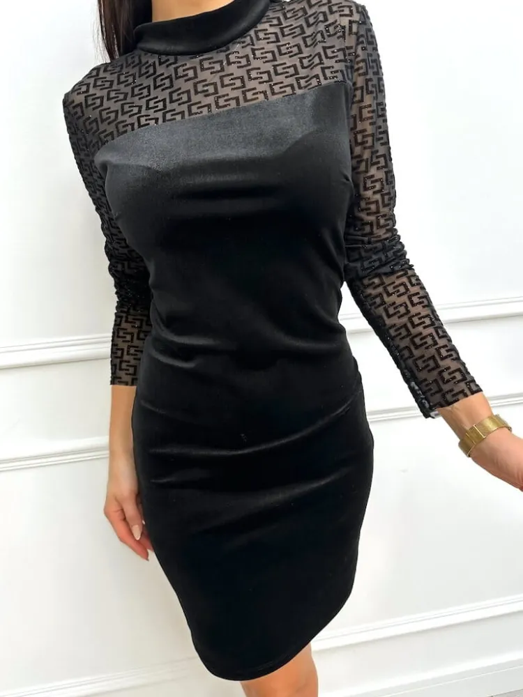 Czarna Sukienka z Siateczką i Wzorem 13386-228-Q|Modna Kiecka Discount