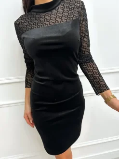 Czarna Sukienka z Siateczką i Wzorem 13386-228-Q|Modna Kiecka Discount