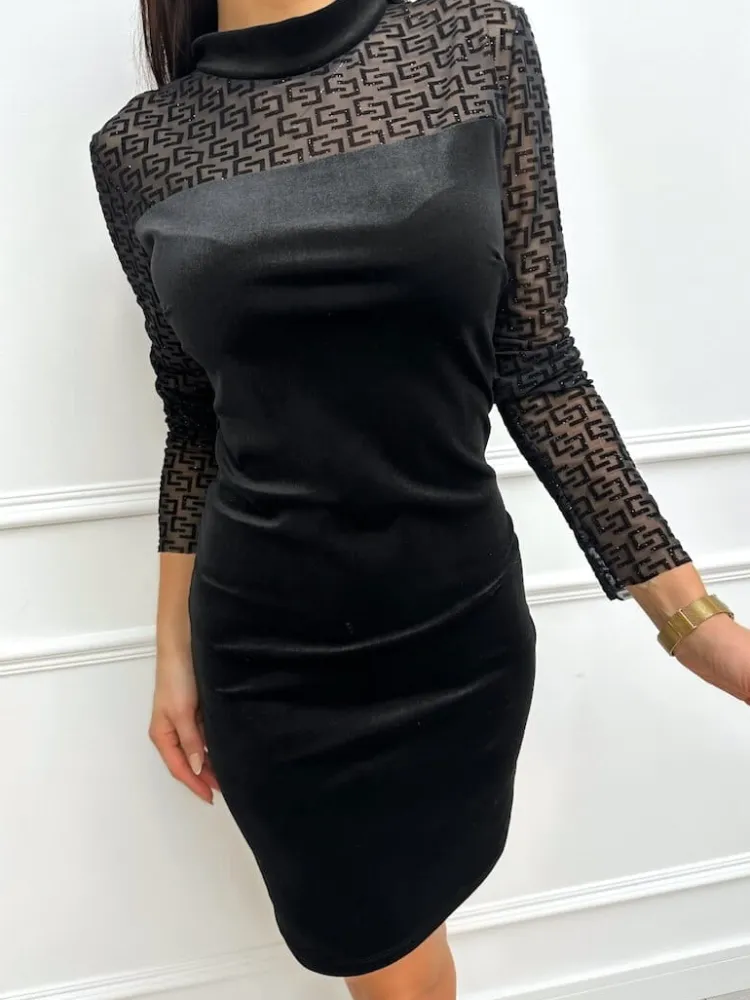 Czarna Sukienka z Siateczką i Wzorem 13386-228-Q|Modna Kiecka Discount