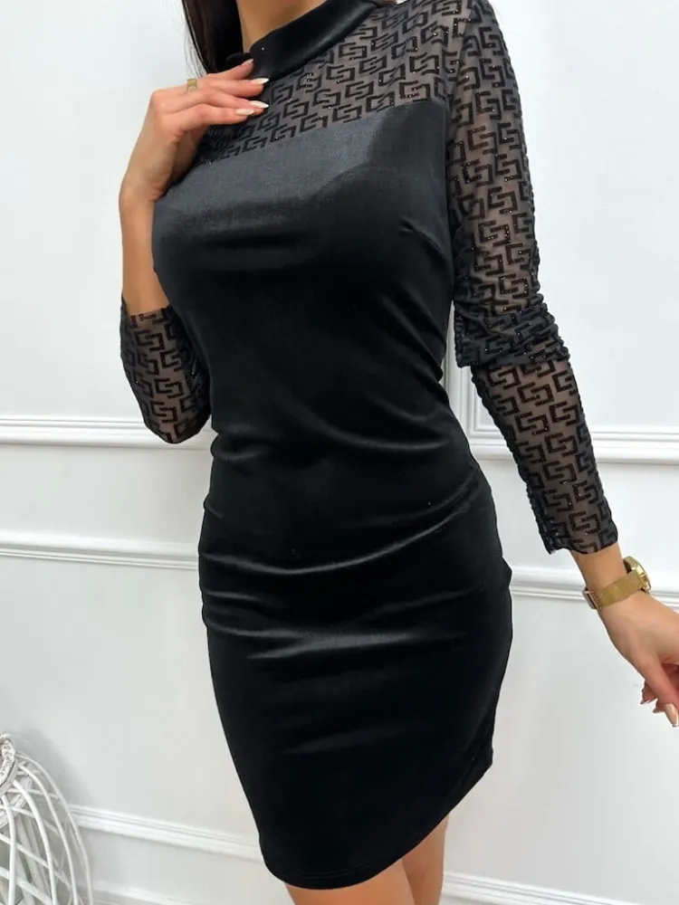 Czarna Sukienka z Siateczką i Wzorem 13386-228-Q|Modna Kiecka Discount
