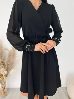 Czarna Sukienka z Wiązaniem 9201-216-A|Modna Kiecka Hot
