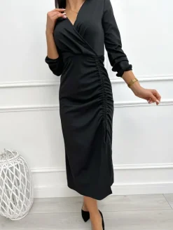 Czarna Sukienka ze Ściągaczem Midi 13356-91-B|Modna Kiecka Outlet