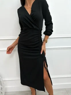 Czarna Sukienka ze Ściągaczem Midi 13356-91-B|Modna Kiecka Outlet