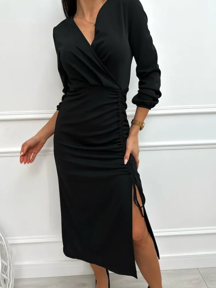 Czarna Sukienka ze Ściągaczem Midi 13356-91-B|Modna Kiecka Outlet