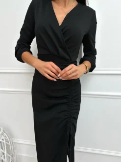 Czarna Sukienka ze Ściągaczem Midi 13356-91-B|Modna Kiecka Outlet