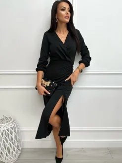 Czarna Sukienka ze Ściągaczem Midi 13356-91-B|Modna Kiecka Outlet