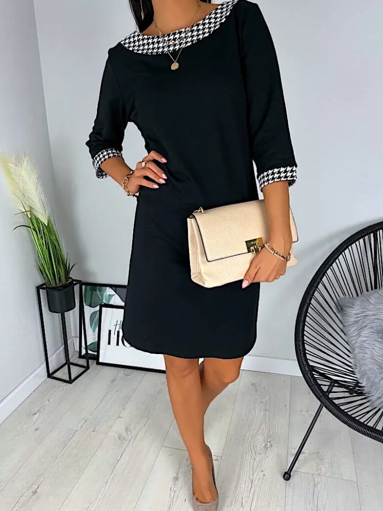 Czarna Sukienka ze Wstawkami w Pepitkę 11370-233-Q|Modna Kiecka Fashion