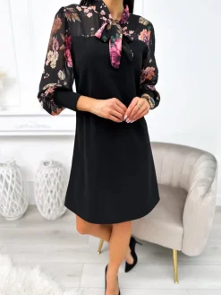 Czarna Sukienka ze Wstawką w Kwiaty 11248-110-Q|Modna Kiecka Hot