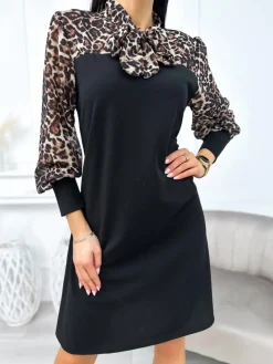 Czarna Sukienka ze Wstawką w Panterkę 11247-239-Q|Modna Kiecka Sale