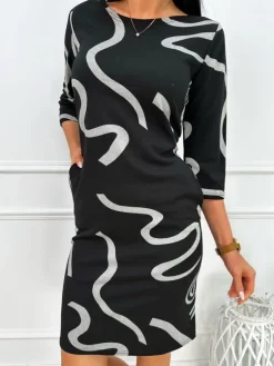 Czarna Sukienka ze Wzorem 13446-414-A|Modna Kiecka Hot