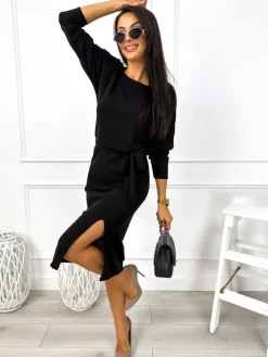 Czarna Sweterkowa Sukienka z Rozporkiem i Paskiem 12837-507-B|Modna Kiecka Hot