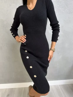 Czarna Sweterkowa Sukienka z Guzikami 13075-118-C|Modna Kiecka Fashion