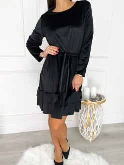 Czarna Welurowa Sukienka z Falbankami 9346-281-B|Modna Kiecka Best