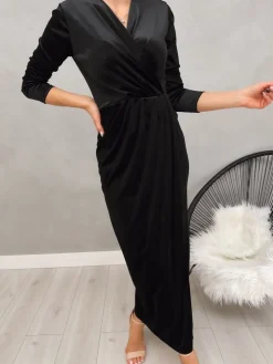 Czarna Welurowa Sukienka Maxi z Rozporkiem 13228-292-B|Modna Kiecka Hot