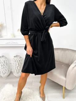 Czarna Welurowa Sukienka z  Paskiem 11275-246-B|Modna Kiecka Discount