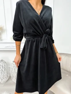 Czarna Welurowa Sukienka z Paskiem 11275-246-B|Modna Kiecka Discount