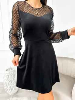 Czarna Welurowa Sukienka z Siateczką 11136-355-A|Modna Kiecka Hot