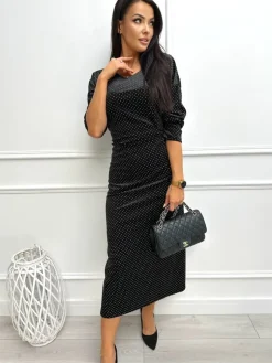 Czarna Welurowa Sukienka w Srebrne Kropki 13362-70-A|Modna Kiecka Online