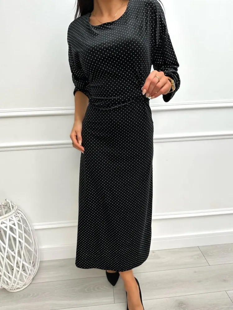 Czarna Welurowa Sukienka w Złote Kropki 13362-70-B|Modna Kiecka Clearance