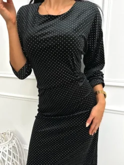 Czarna Welurowa Sukienka w Złote Kropki 13362-70-B|Modna Kiecka Clearance