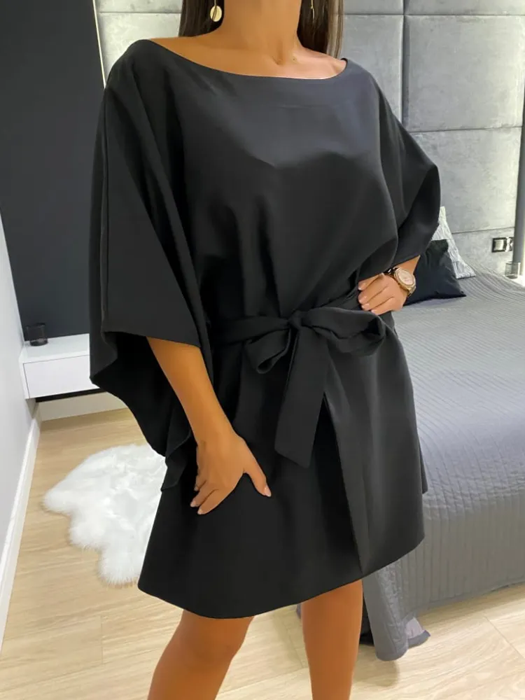 Czarna Wiązana Sukienka Nietoperz 11446-428-B|Modna Kiecka Fashion