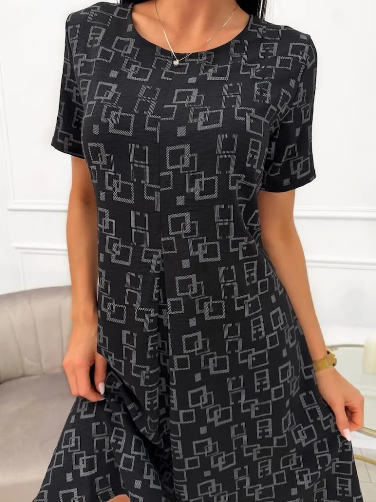Czarna Wzorzysta Sukienka 13738-88-B|Modna Kiecka Discount
